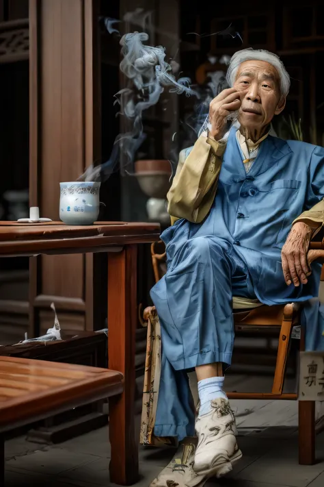 Portrait photography，An old Chinese man，Wearing blue cloth，Cigarette between fingers，Sitting in an old-fashioned teahouse，canon ...