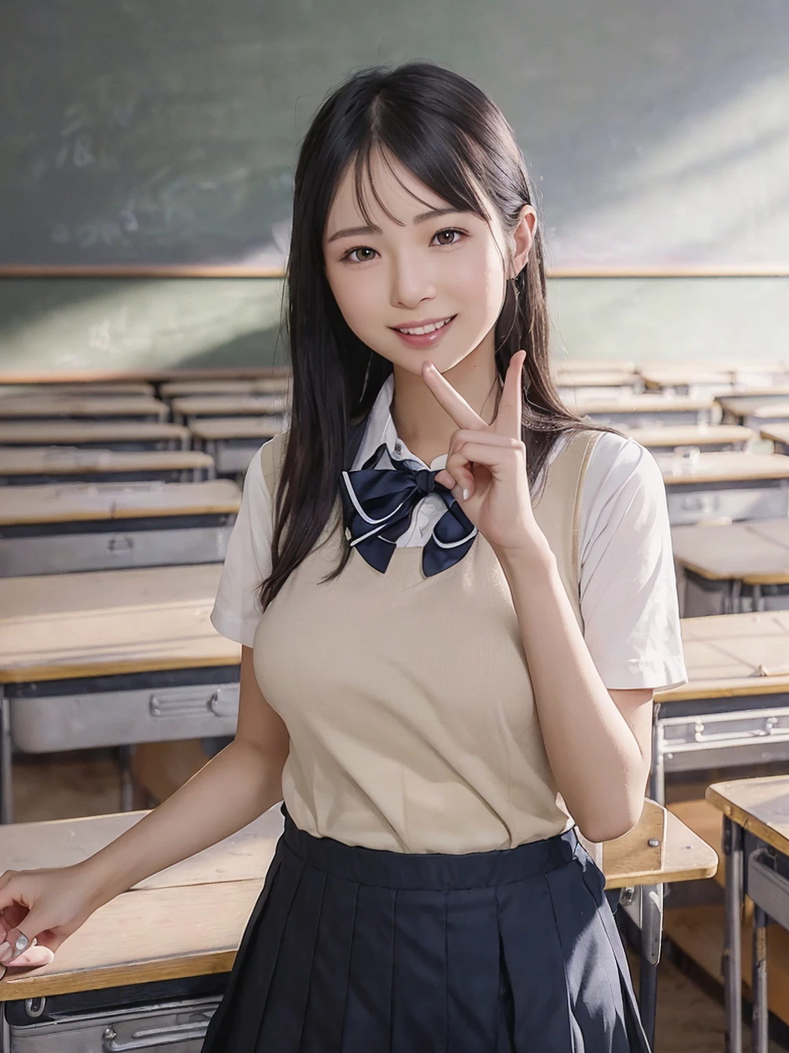 (8K,RAW Photos,highest quality,masterpiece:1.5),(Watching the audience:1.5),smile,Black Hair,(live-action:1.5),(Realistic expression:1.5),(middle School girls:1.5),(School uniform:1.5),(The background is an empty classroom:1.5),(Young face:1.4),(Big Breasts:1.5),Showing beautiful teeth,Making a peace sign