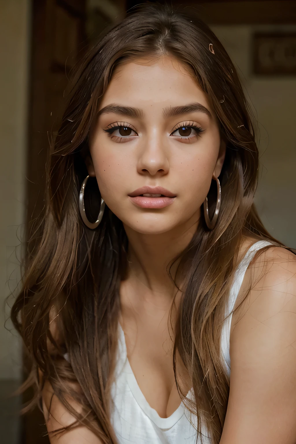 A close up of a woman with long hair wearing a white top - SeaArt AI