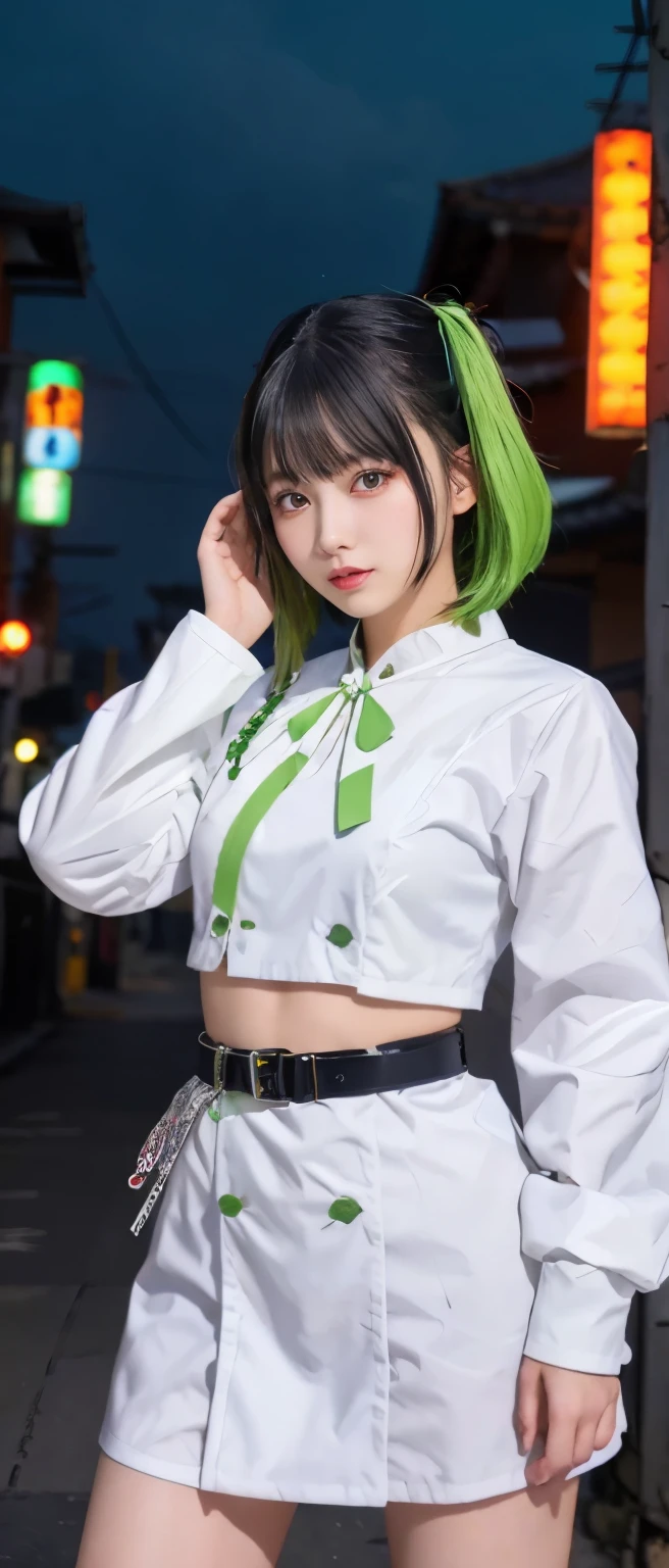 Cyber Samurai Girl、whole body、Good style、、、、White and fluorescent green samurai costume、、、　colorful hair、Gorgeous belt、Cyber City、Samurai Jacket、samurai sword