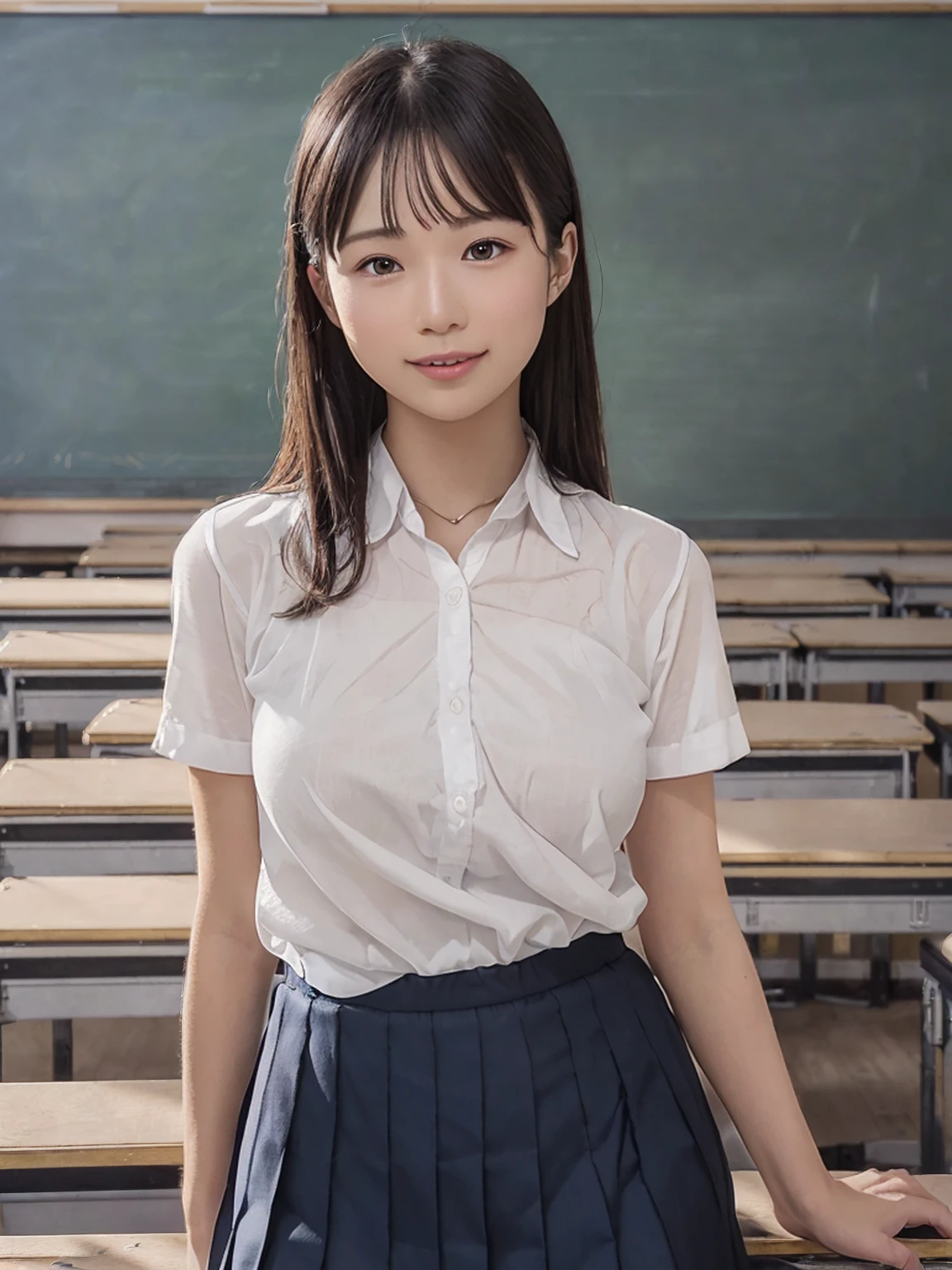 (8K,RAW Photos,highest quality,masterpiece:1.5),(Watching the audience:1.5),smile,Black Hair,(live-action:1.5),(Realistic expression:1.5),(middle School girls:1.5),(School uniform:1.5),(The background is an empty classroom:1.5),(Young face:1.4),(Big Breasts:1.5),Showing beautiful teeth,She lifts her skirt to show off her vagina