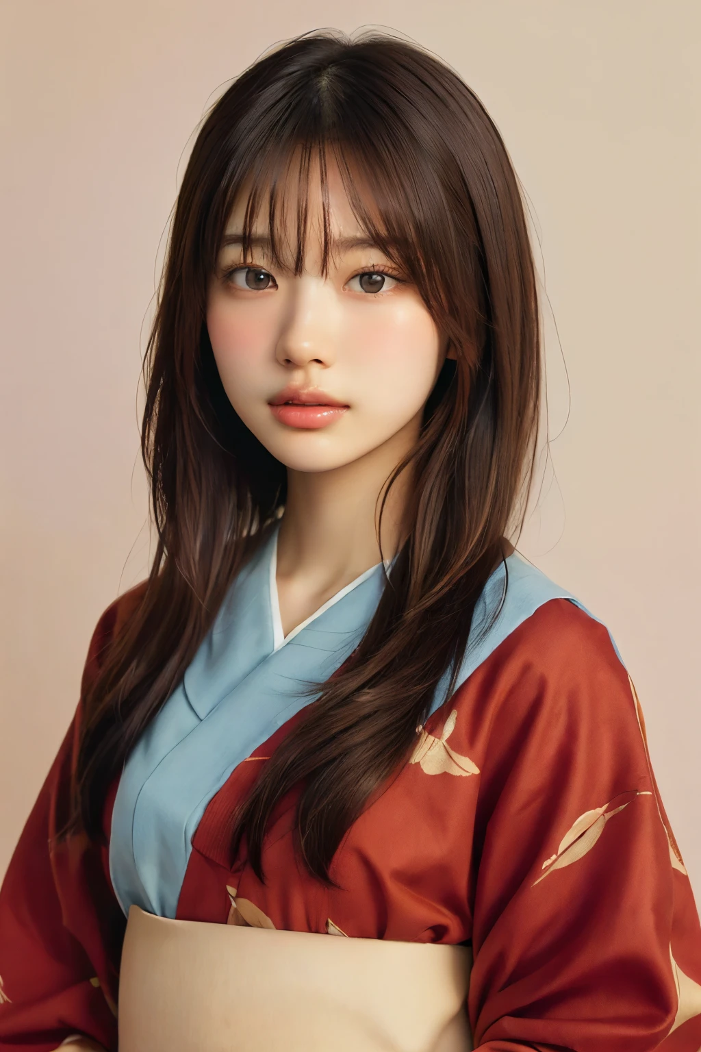 bangs,(highest quality,masterpiece:1.2),1 girl,8K,ultra high resolution,super detailed,highest quality,looking at the viewer,perfect lighting,flat light,super high quality,ultra high resolution,masterpiece,realistic,detailed face,(simple background),(maroon background),long hair,smile, elegant kimono