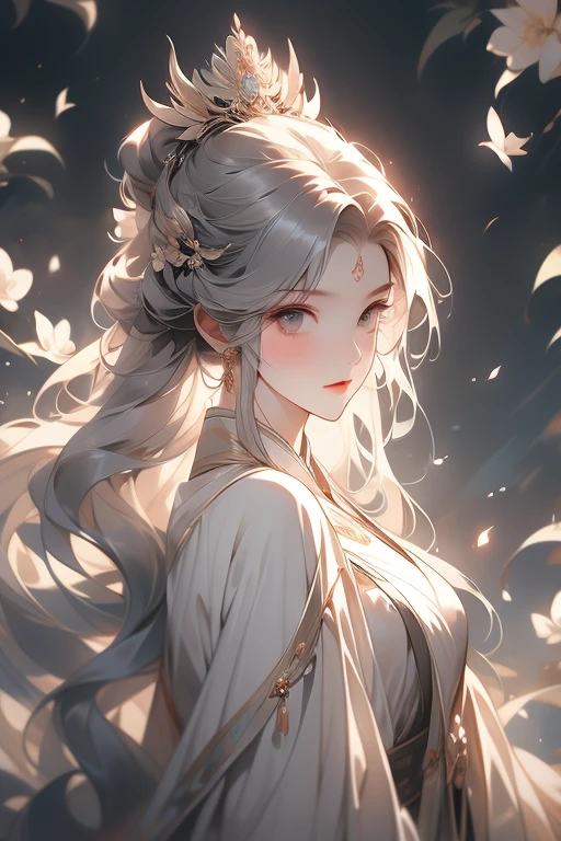 moon，A girl,Frontal image，moon messenger,Moonlit Maiden,Moon&#39;s second dimension image,A faint smile,Holy and elegant,Indifferent expression,Silvery-white eyes,Flowing ancient robe,Long flowing white hair,Exquisite hairstyle,magic,Ray Tracing,Delicate facial features