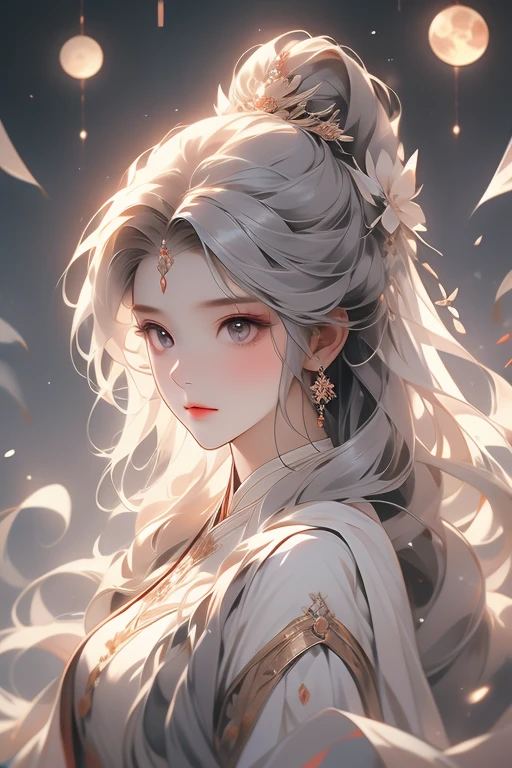 moon，A girl,Frontal image，moon messenger,Moonlit Maiden,Moon&#39;s second dimension image,A faint smile,Holy and elegant,Indifferent expression,Silvery-white eyes,Flowing ancient robe,Long flowing white hair,Exquisite hairstyle,magic,Ray Tracing,Delicate facial features