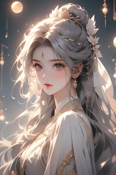 moon，A girl,Frontal image，moon使者,Moonlit Maiden,moon的二次元形象,A faint smile,Holy and elegant,Indifferent expression,Silvery-white e...