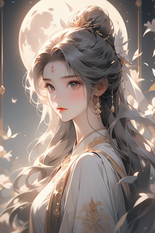 moon，A girl,Frontal image，moon使者,Moonlit Maiden,moon的二次元形象,A faint smile,Holy and elegant,Indifferent expression,Silvery-white eyes,Flowing ancient robe,Long flowing white hair,Exquisite hairstyle,magic,Ray Tracing,Delicate facial features