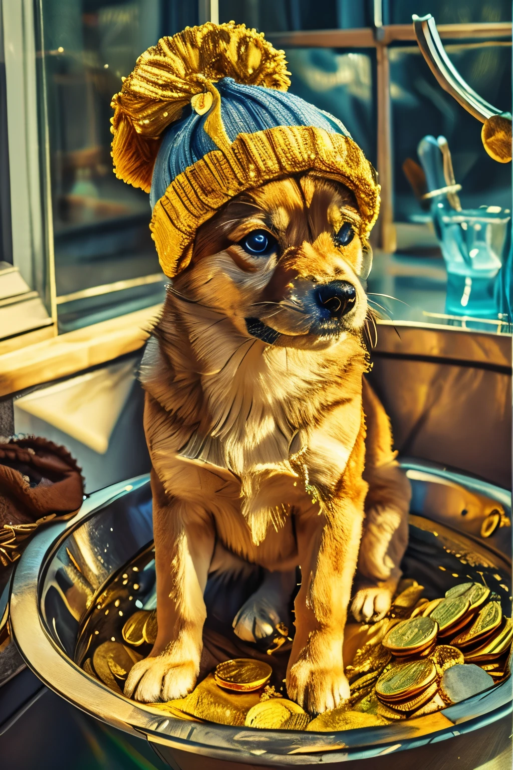 Shiba Inu puppy with blue knitted hat. Bathes in gold coins