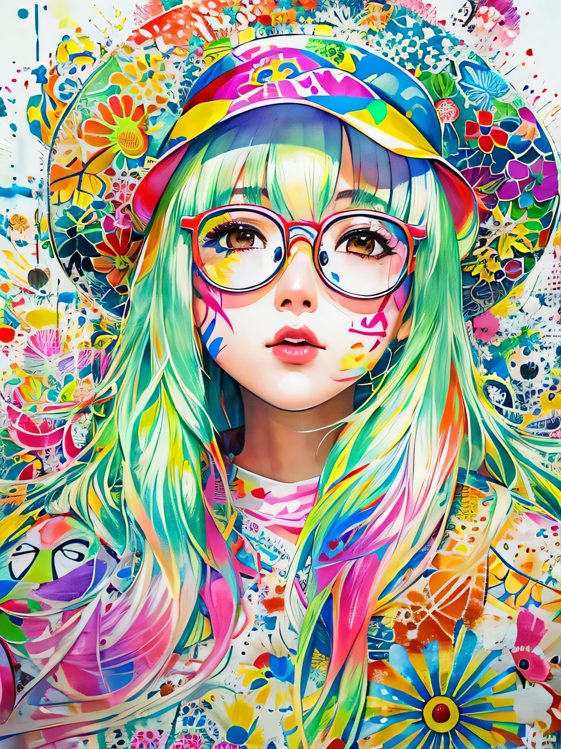 Takashi Murakami style、8K quality, watercolor painting, stylish design, (((The strongest beautiful girl of all time))), (((Japanese)))、Idol、Yuriko Yoshitaka、clear, stylish glasses, Fashionable hats, (((highest quality))), bob hair, Place your hands on the wall, HDR, ((Detailed details)), stylish fashion, detailed clothing texture, (((graffiti art))), colorful hair, ((masterpiece))、((Super detailed))、colorful flowers