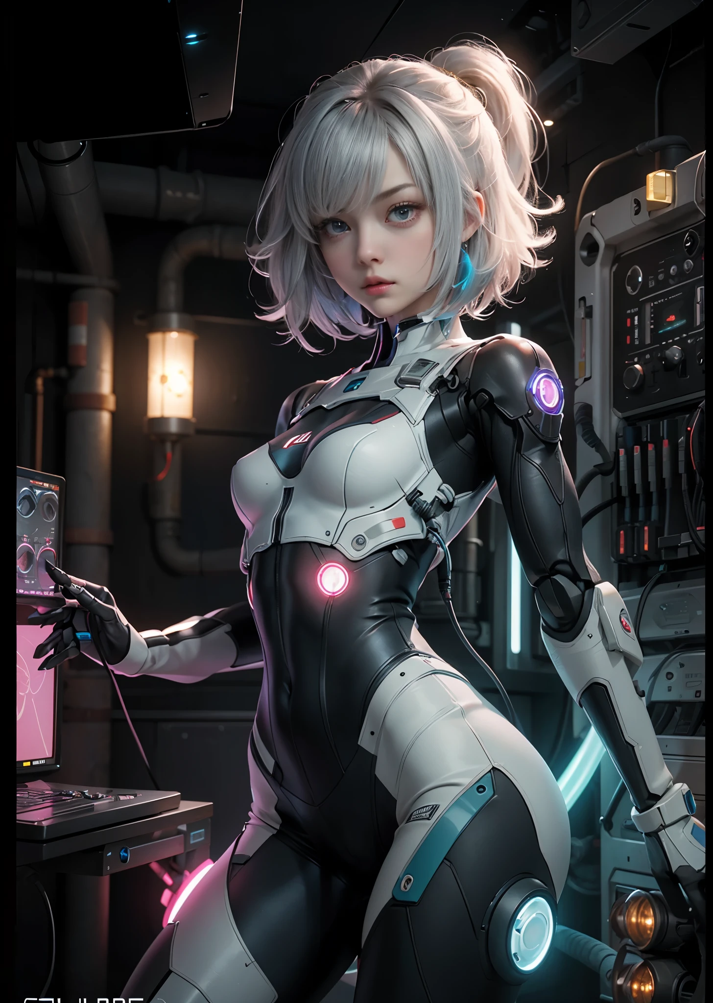 Girl with a powerful robot body、（2 girls:1.5）、two people facing each other、Futuristic ray gun in hand、18-year-old、Pink and blue body、（Silver、Gold Short Hair:1.5）、The main body consists of a small control motor., cylinder and pipe、Sleek chest cables and tubes connect the main body to the control panel。、Cinema Lighting、Many pilot lights are on、（The entire area is occupied by a control panel:1.3）、