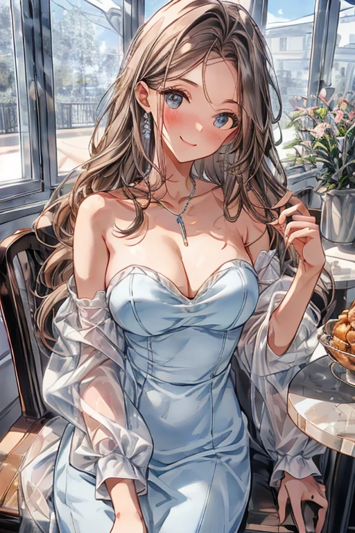 (higher resolution, distinct_image) The best quality, a woman, masterpiece, highly detailed, semi realistic, 26 years old, beautiful, young, handsome, interlaced white blue dress, small gem necklace on neck, exterior, cafe seat, window, sitting, afternoon, blush, smiling