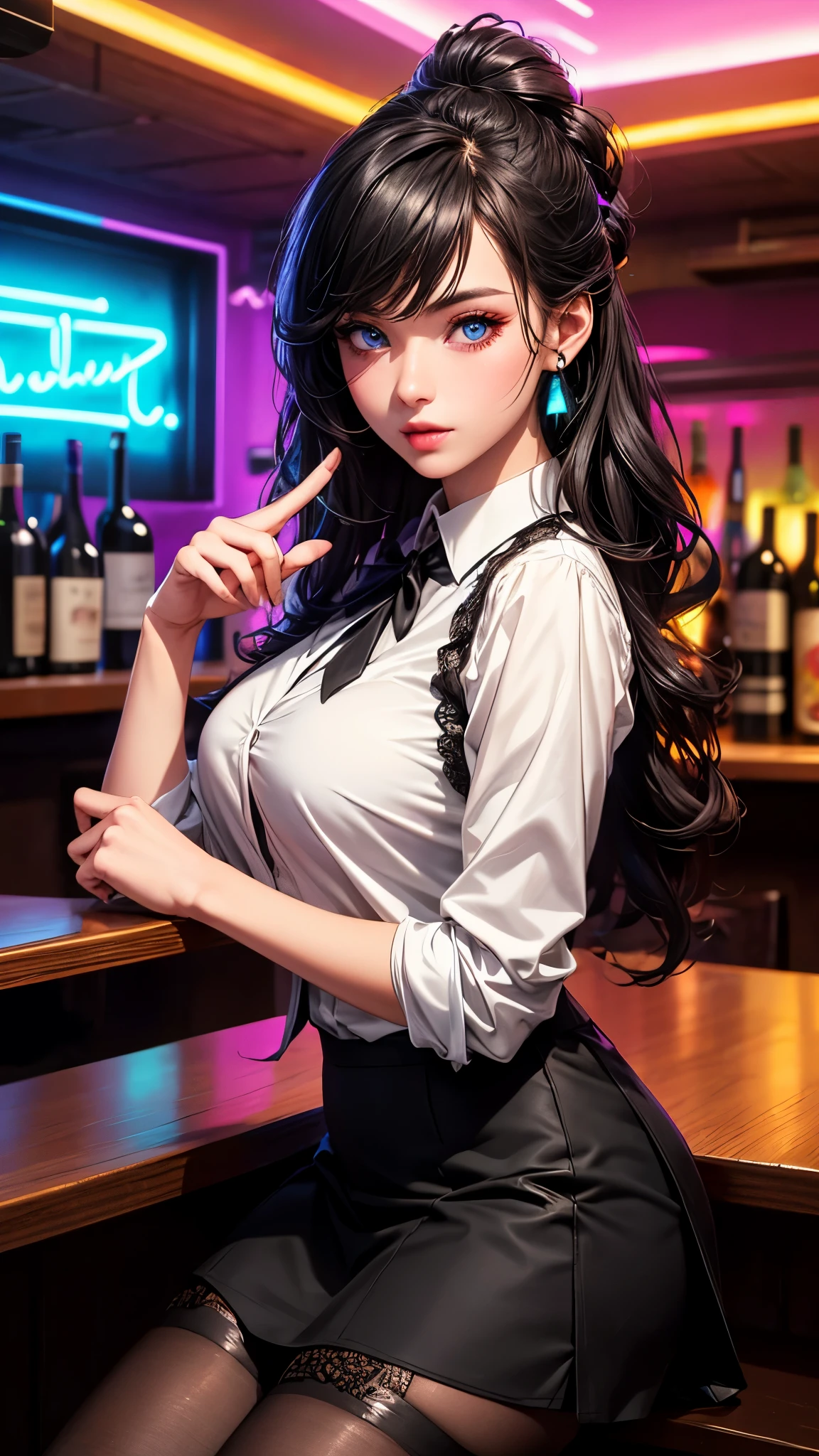 a lady, permanent, bartender, ((Black vest with white shirt) black tie), (black skirt with black lace stockings high heels), Stylish clothing, adult, Sexy, black hair, very long wavy hair, half updo half up half down, shine blue eyes, long upper eyelashes, most detailed eyes, light makeup, seductive expression eyes, (seductive smile:0.8), (Masterpiece best quality:1.2) Exquisite illustrations and super detailed, Medium breast, detailed face, high quality hair, super detailed finger, BREAK, ((Colorful neon lights:1.37) hang on the wall), (Neon tube:1.37), glowing, rest, (Fashion bar:1.2), indoors, ((cocktail glass) Filled with colorful wine), (The room is dimly lit), wine bottle, Art Deco, Detailed background, BREAK, Super textured skin, super detail face, perfect face, Super fine facial details, beautiful and delicate eyes, perfect eyes, correct limbs, (correct finger), super detail finger, best hair quality, best clothing quality, best prop quality, best backgroud detail and quality, anatomically correct, best quality, highres, award winning