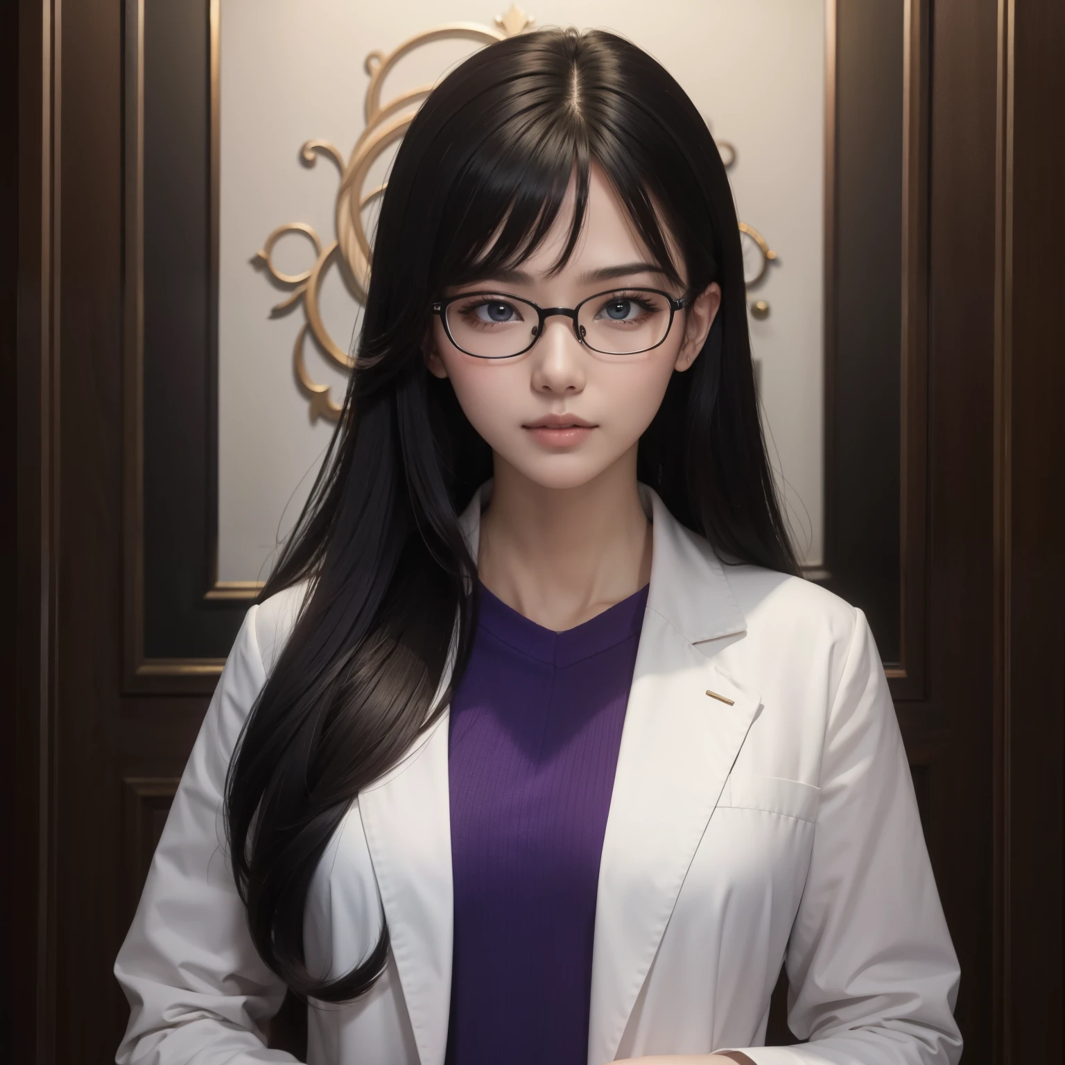 (masterpiece, best quality:1.4), facial detail, hair detail, detailed beautiful eyes,1girl, solo , (black hair, long hair:1.2),bangs (glasses with purple frames :1.2), white doctor’s coat, ((front facing:1.1)),looking at viewer,