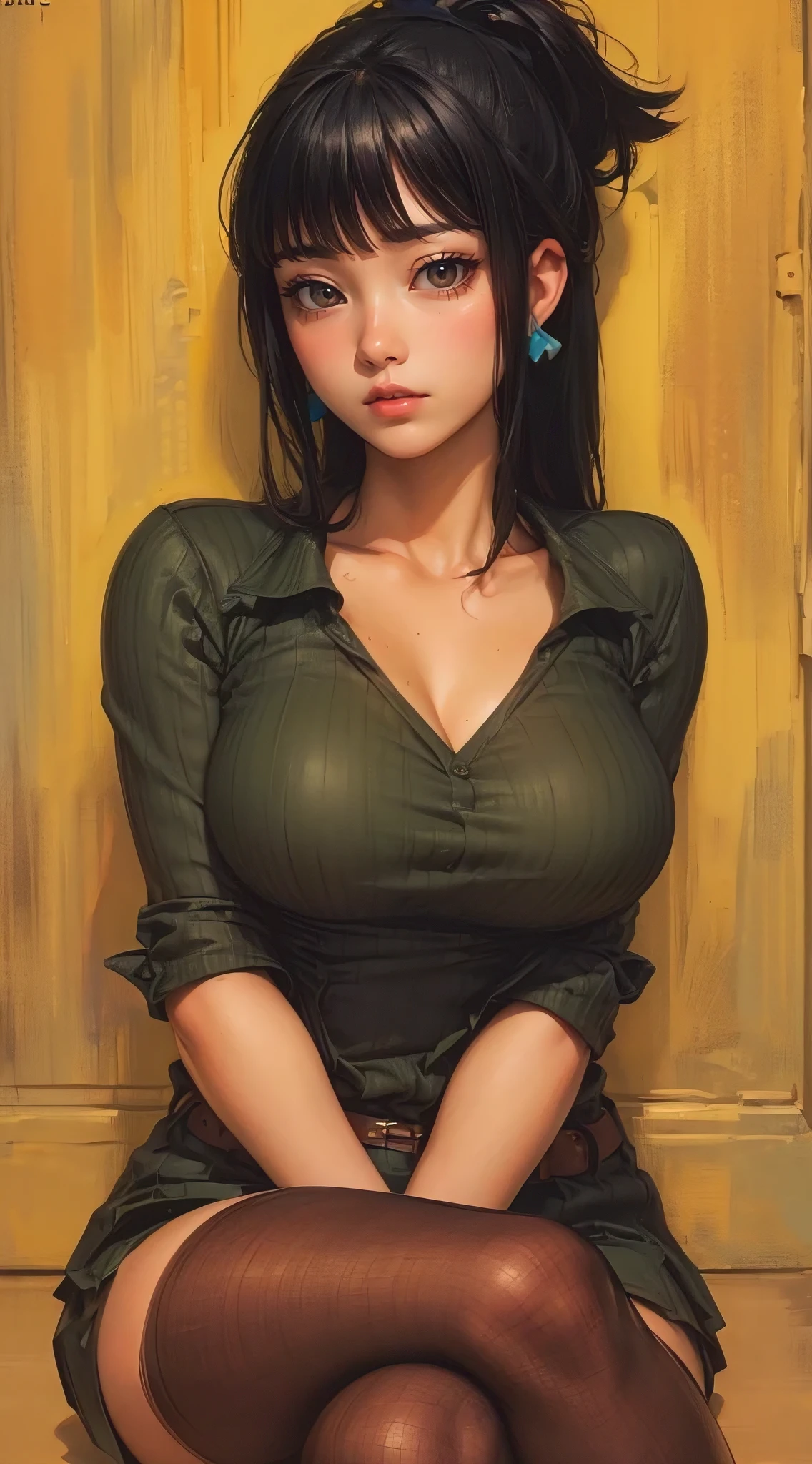 (best quality,4k,8k,highres,masterpiece:1.2),ultra-detailed,(realistic,photorealistic,photo-realistic:1.37), hyperrealistic painting by artgerm and gerald brom, attractive woman, perfect body, hyperfeminine curves, cute and playful pose, vibrant, expressive