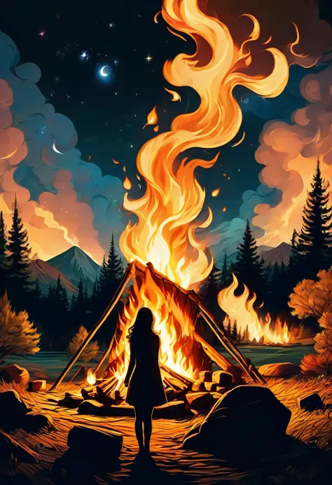 1girl, Campfire, aesthetic, (blazing campfire,crackling flames,majestic bonfire),(best quality,ultra-detailed,realistic:1.37),wa...