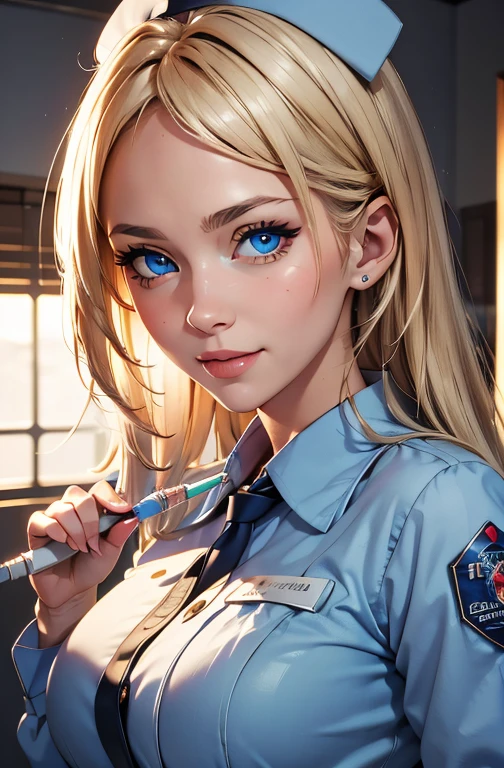 ((Best quality, 8k, Masterpiece: 1.3)), Highly detailed face and skin texture, Detailed eyes, textured skin, highres, nurse, hospital, smile, blue eyes, blonde, (syringe), (crazy, yandere), cowboy shot (top-quality), (ultra-detailliert), (masuter piece), (hight resolution), (Original),