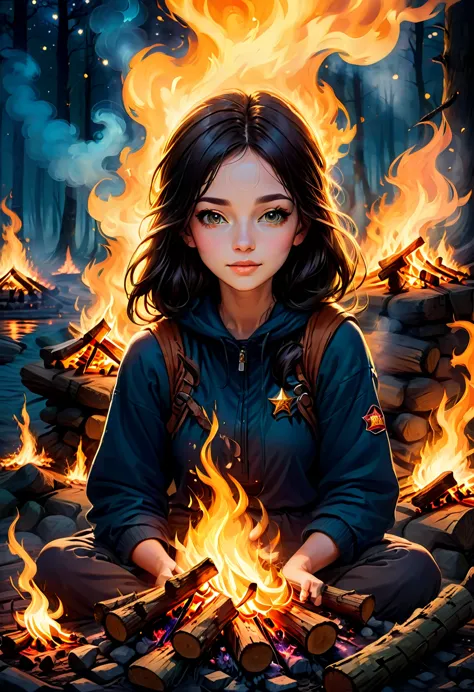 1girl, campfire, aesthetic, (blazing campfire,crackling flames,majestic bonfire),(best quality,ultra-detailed,realistic:1.37),wa...