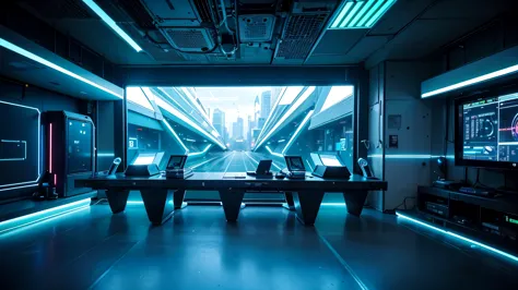 blue and green cyberpunk empty room,futuristic atmosphere,neon lights,high-tech furniture,glowing holograms,reflective surfaces,...