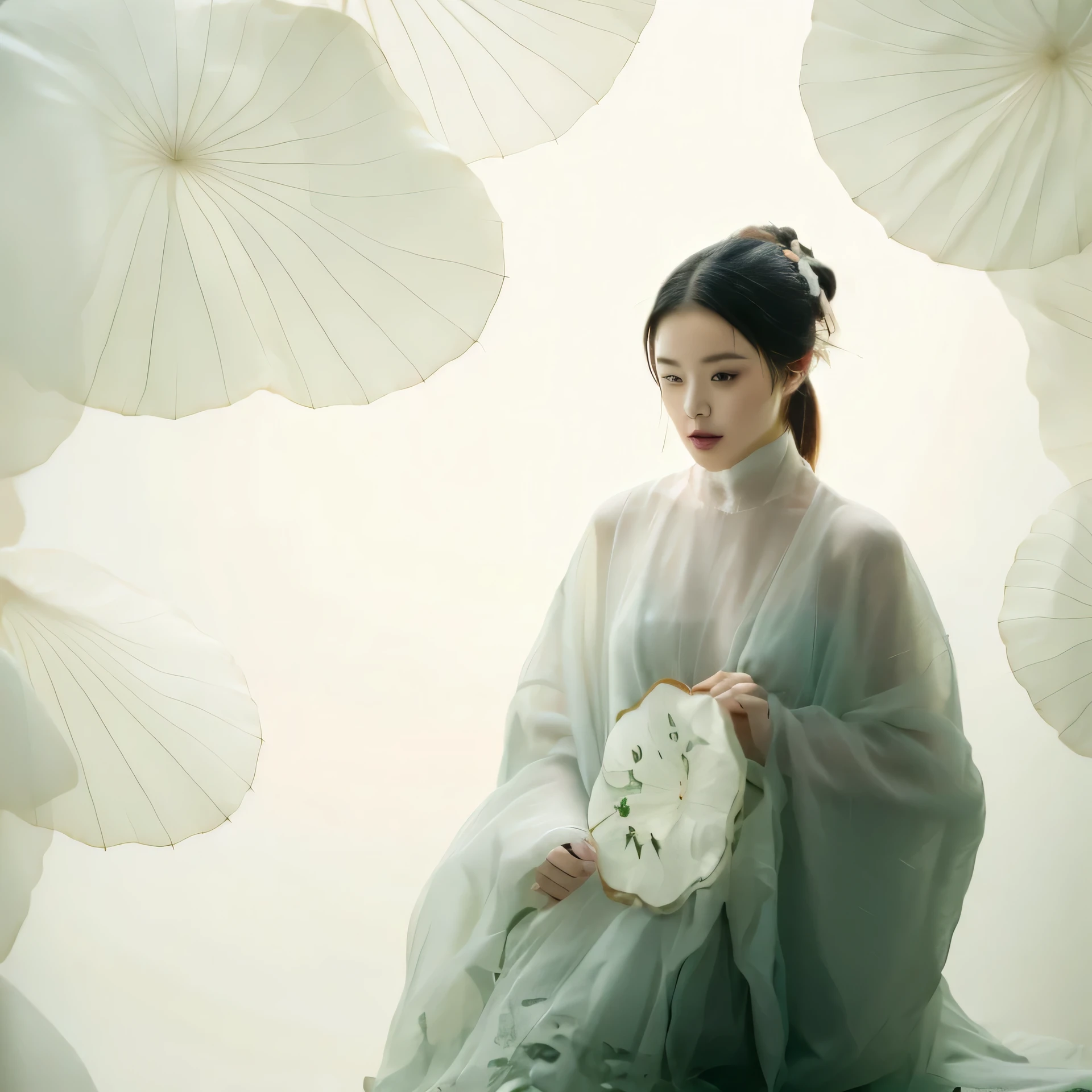 A girl，solo，Giant lotus leaf，Black Hair，dress，Looking at the audience，White skirt，Hair Bun，
Sitting，单Hair Bun，Leaves，Long sleeve，Red lips，Realism