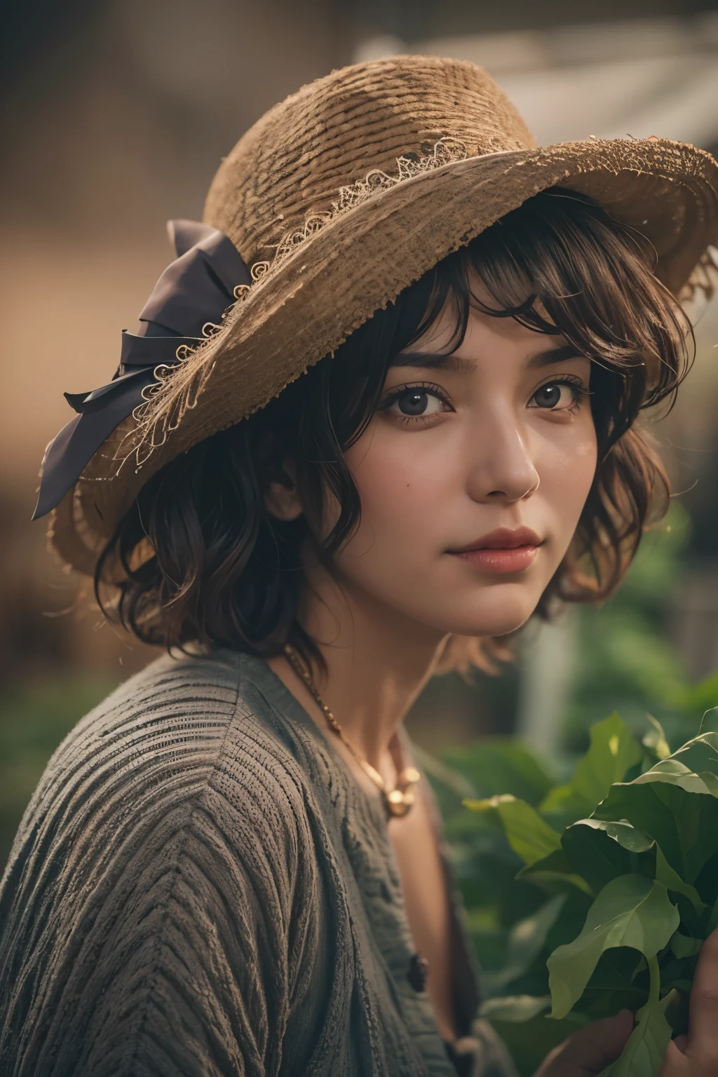 A close up of a woman wearing a hat holding a plant - SeaArt AI