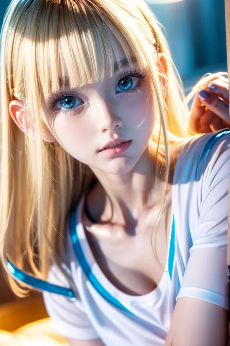 Beautiful innocent 20 year old blonde girl、Beautiful shining platinum blonde hair、bangs fall on face、((Wearing an open white T-s...