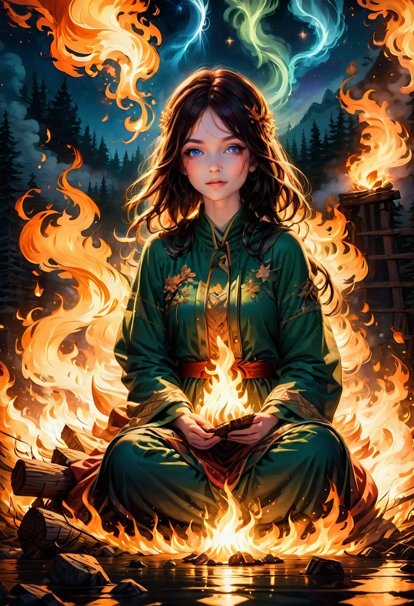 1girl, Campfire, aesthetic, (blazing campfire,crackling flames,majestic bonfire),(best quality,ultra-detailed,realistic:1.37),warm golden glow,vivid colors,wooden logs,burning embers,flickering light,dancing shadows,smoke rising from the fire,sparkling sparks,starlit night sky,camping under the stars,campfire tales,cozy atmosphere,nature's embrace,peaceful setting,crisp air,roasting marshmallows,shadowy figures by the fire,nighttime serenity