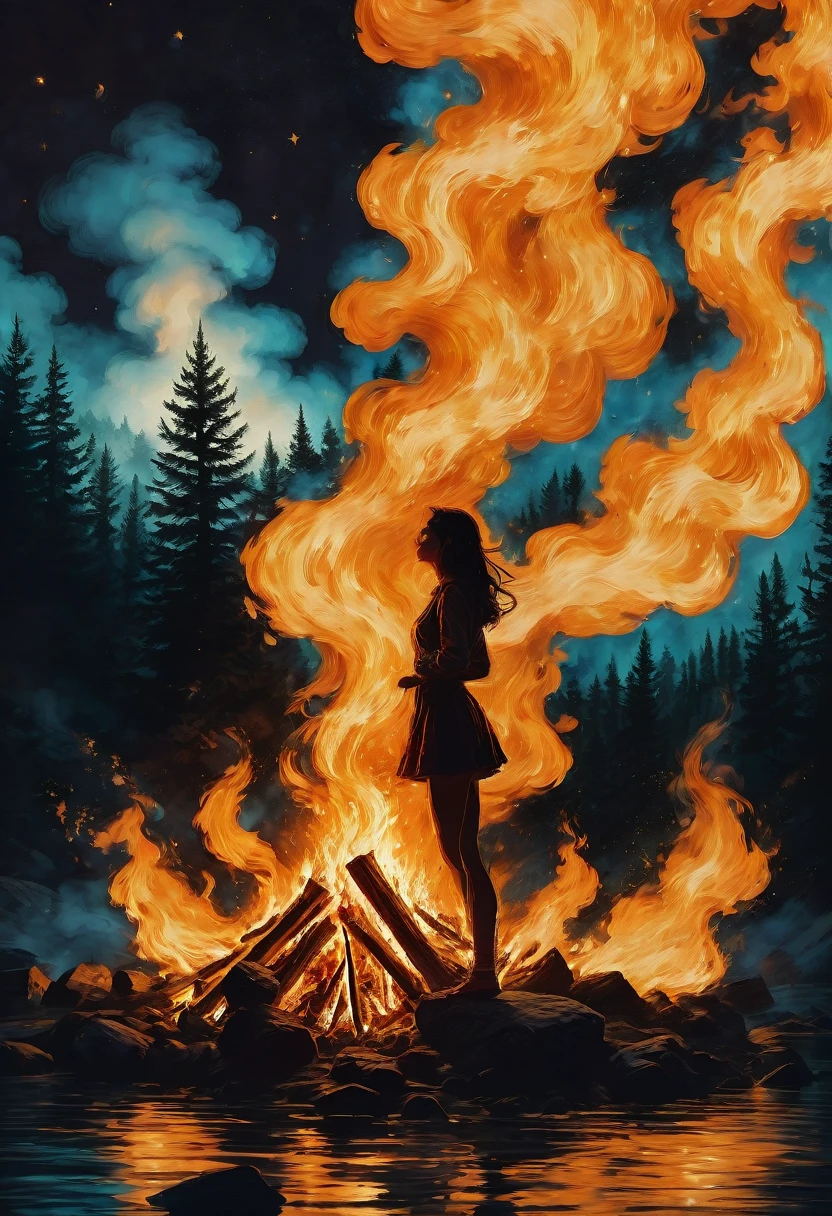 여자 1명, 캠프 불, 미적인, (타오르는 모닥불,타오르는 불꽃,장엄한 모닥불),(최고의 품질,매우 상세한,현실적인:1.37),따뜻한 황금빛 빛,생생한 색상,목조 통나무,불타는 불씨,깜박이는 빛,춤추는 그림자,불에서 연기가 피어오르다,반짝이는 불꽃,별이 빛나는 밤하늘,별빛 아래 캠핑,캠프파이어 이야기,아늑한 분위기,자연의 포옹,평화로운 환경,상쾌한 공기,마시멜로 굽기,불 옆의 그림자 같은 인물들,밤의 평온함