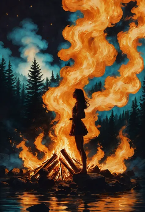 1girl, Campfire, aesthetic, (blazing campfire,crackling flames,majestic bonfire),(best quality,ultra-detailed,realistic:1.37),wa...