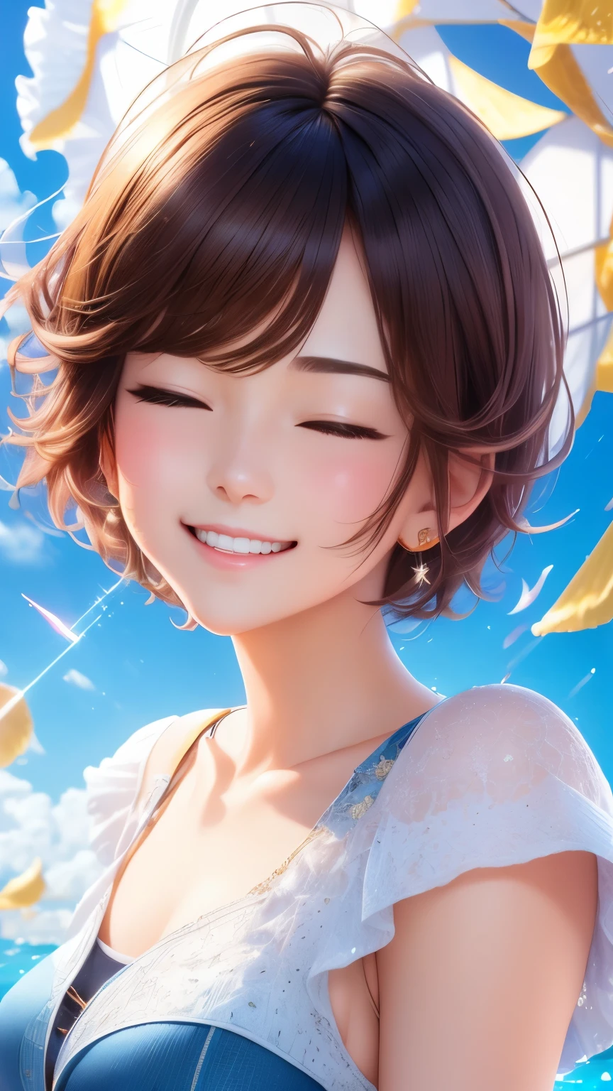 image from above front, best quality, super fine, 16k, incredibly absurdres, extremely detailed, beautiful girl with cute short hair, smiling, eyes closed, approach me, wearing cute clothes fashion, sparkling images, wind, wind-effect, shining-effect, background park, professional lighting