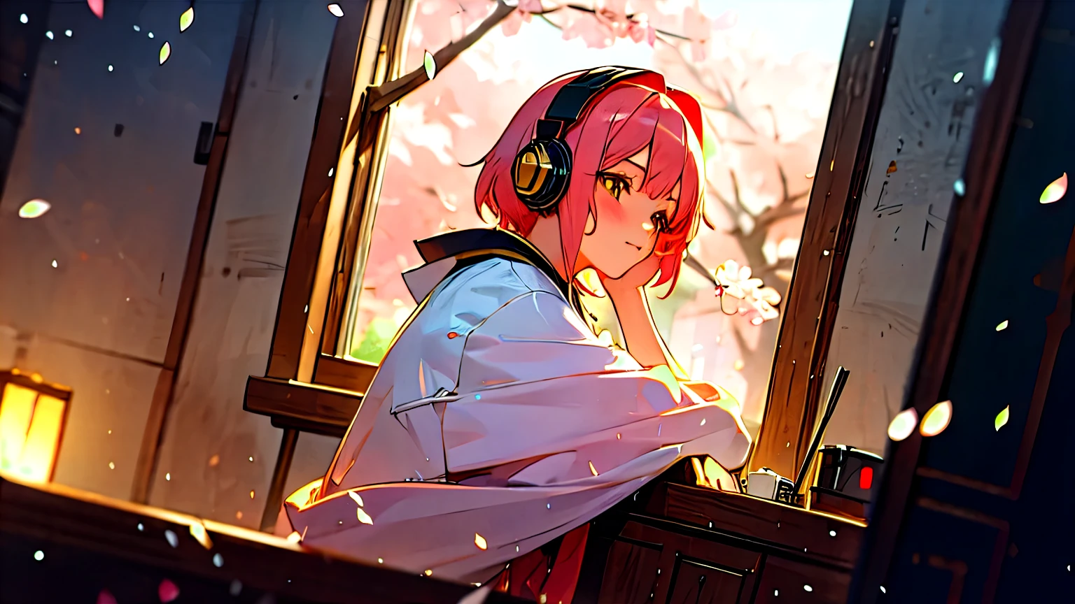 A beautiful girl with pink hair studying in her room while listening to music with headphones　Warm lighting　Beautiful cherry blossoms are blooming outside the room.　There&#39;s also a dog　Japanese anime style