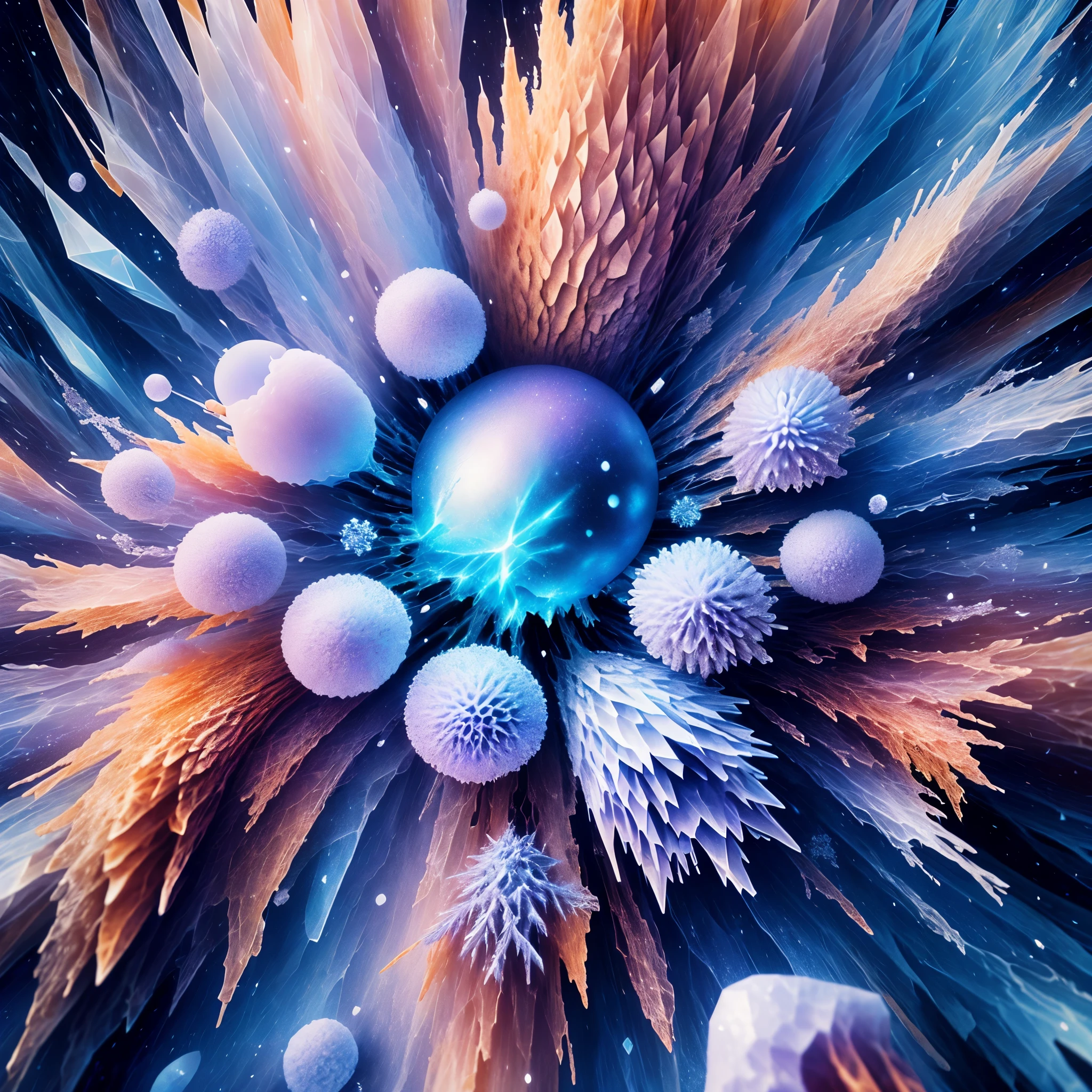 A close up of a blue and orange flower with lots of white flowers