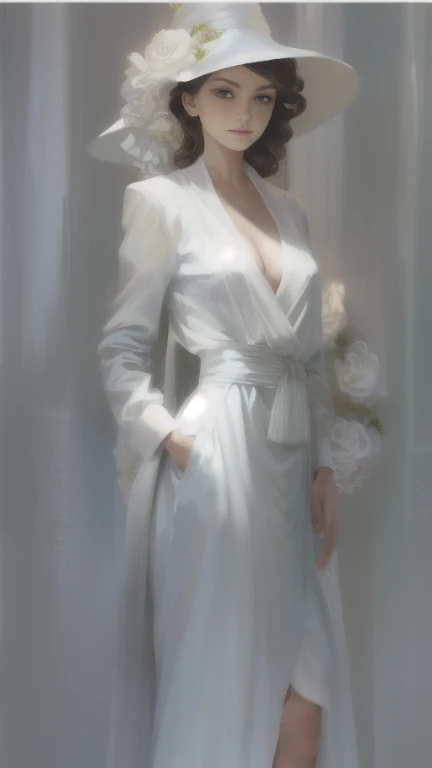 Painting of a woman in a white dress and hat, posing for a picture, elegant digital painting, digital art of elegance, стиль Charlie Bowaterа, fully dressed. picture of sexuality, in стиль Charlie Bowaterа, Charlie Bowater: character art, Beautiful woman in white, dressed in white, beautiful drawing of the characters, dressed in white robes