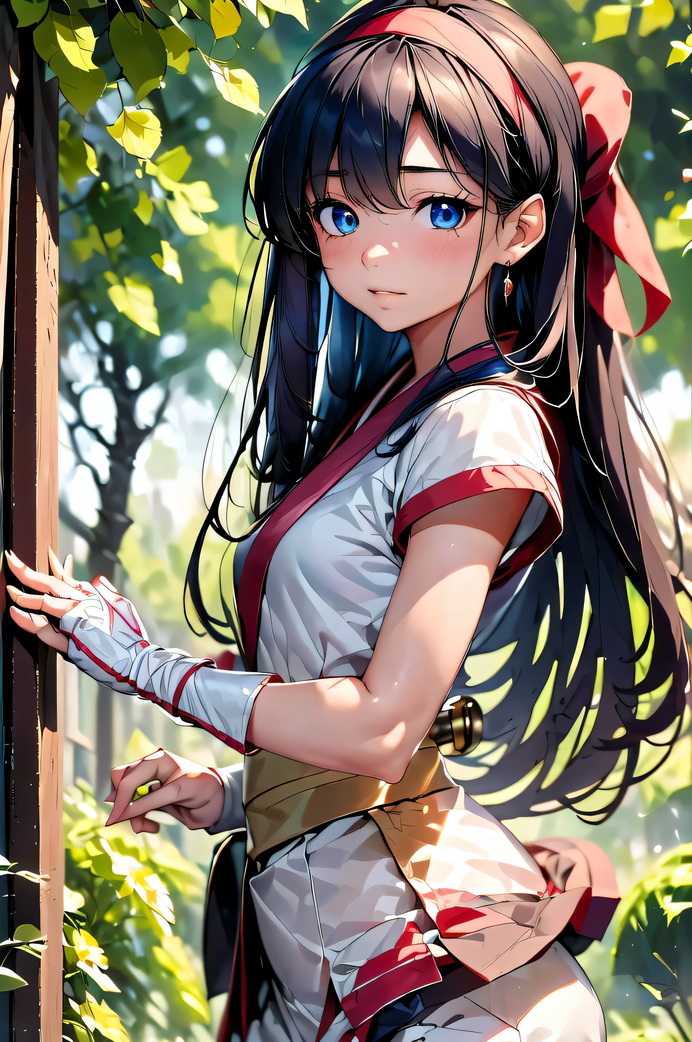 masterpiece, highest quality, Perfect Face, Highest Resolution, Highest quality,Detailed depiction of the eyes,Nakoruru, 1 girl, 17 years old, Long Hair, slender, Ainu costume, hair band, deepblue hair, fingerless gloves, Short sleeve, bangs, red hair band, midnightblue eye color, White Pants, kimono, short sword, violent, Bouncing, dusk, Perfect Anatomy, Holding a short sword in his right hand,  prepare yourself, Swinging