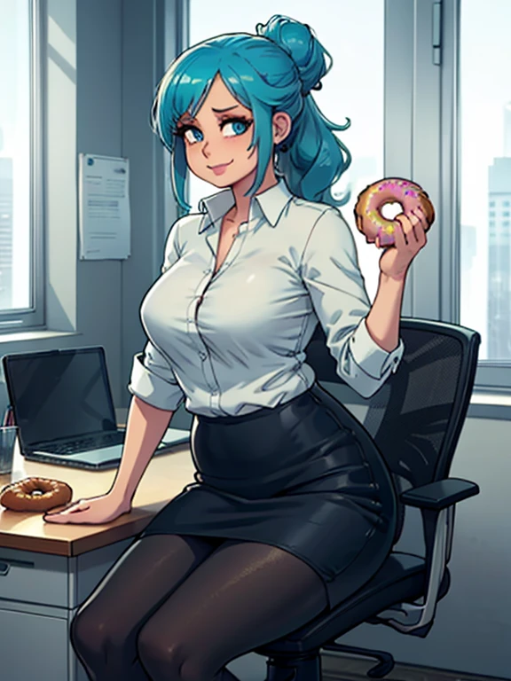 art by kipteitei, 1girl, (aqua blue hair), long wavy hair, hair up, blue eyes, black pencil skirt, dress shirt, (black tights), happy expression, (skinny), [stuffed belly], (holding donut), sitting in office, leaning back in chair, fancy office background with lots of windows, (best quality, masterpiece)
