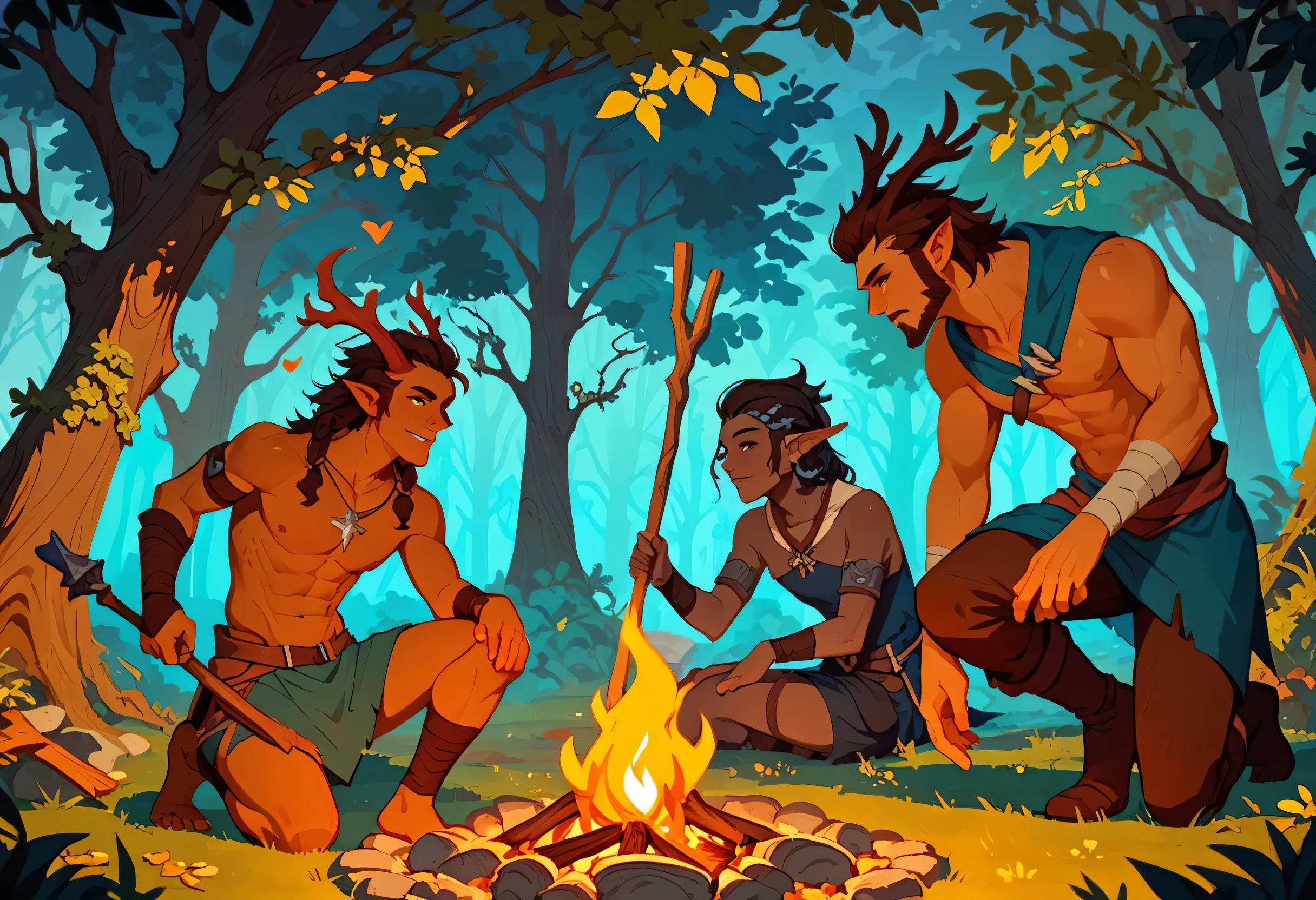 Score_9, score_8_up, score_7_up digital  illustration of a group of battle adventurers around a campfire tired and weary, dark fantasy setting, night forest