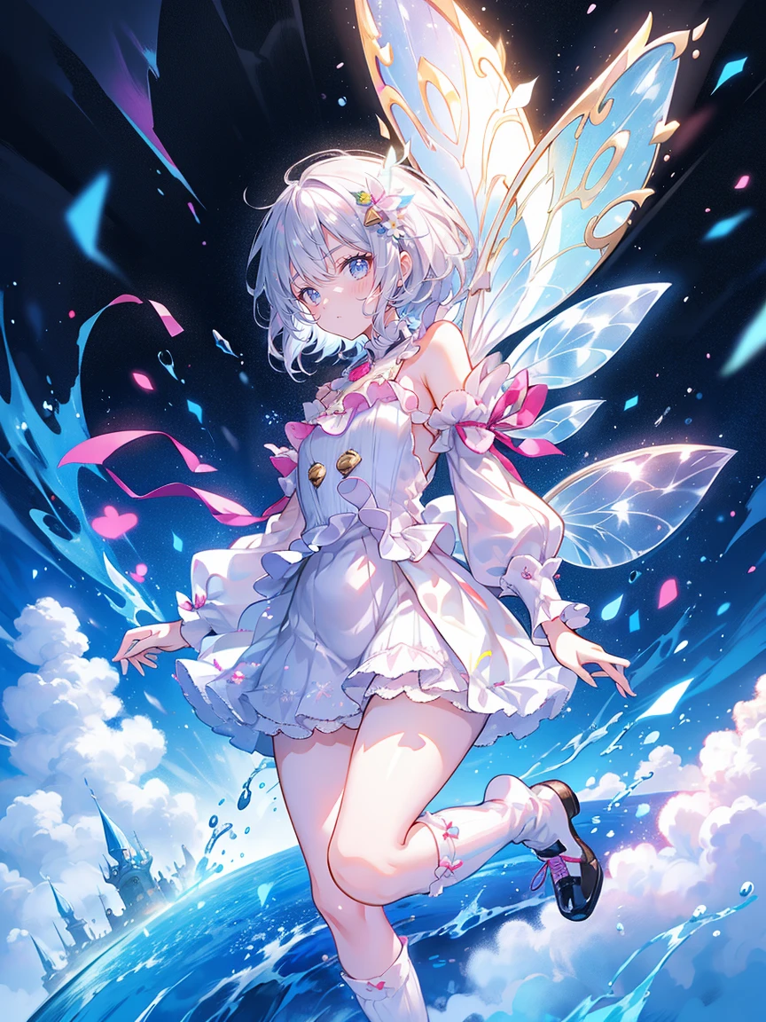 Absurd,(masterpiece、highest quality、8k ),Intricate details,Ultra-detailed、1 cute girl、((movie:1.4)),Embarrassing、(Flat chest、bulge:1.2(Silver Hair、(Fairy、Knee-high socks:1.3),Ultra-realistic,Perfect Anatomy