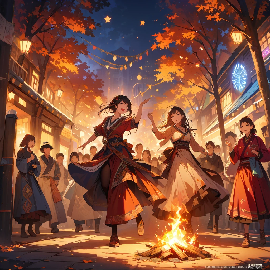 best quality,4K,8k,high resolution,masterpiece:1.2,Super detailed,Practical,photoPractical:1.37,bonfire：1.37,Night fever, hapiness, and passionate atmosphere
People dancing and singing around the bonfire
Vivid colors and warm tones depicting the lively scene
Beautifully detailed faces with happy expressions
Traditional clothing representing different ethnic groups
Cultural diversity and unity portrayed by the gathering
Shadow and light effects created by the flickering flames
Realistic rendering of the bonfire's warmth and illumination
Crisp details capturing the intricate patterns on clothing
Dynamic poses reflecting the energy and excitement of the event
PhotoPractical depiction of the surrounding nature (Trees, Star, moon)
Sparks fluttered in the air, Professional artwork that adds movement and energy to the scene，A touch of traditional finesse A sharp contrast between bright faces and dark surroundings The bokeh effect enhances the atmosphere of comfort and intimacy Attention to the smallest details, Capturing the essence of a moment Celebrating the importance of cultural heritage and community Ancient traditions and rituals passed down from generation to generation Artistic expressions of cultural diversity and inclusion