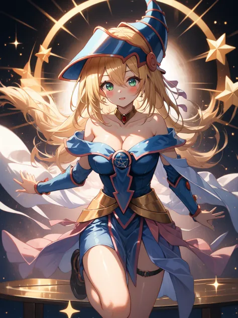 dark magician girl, duel monster, blush stickers, blonde hair, green eyes, long hair, breasts, blush, bangs, large breasts, hair...