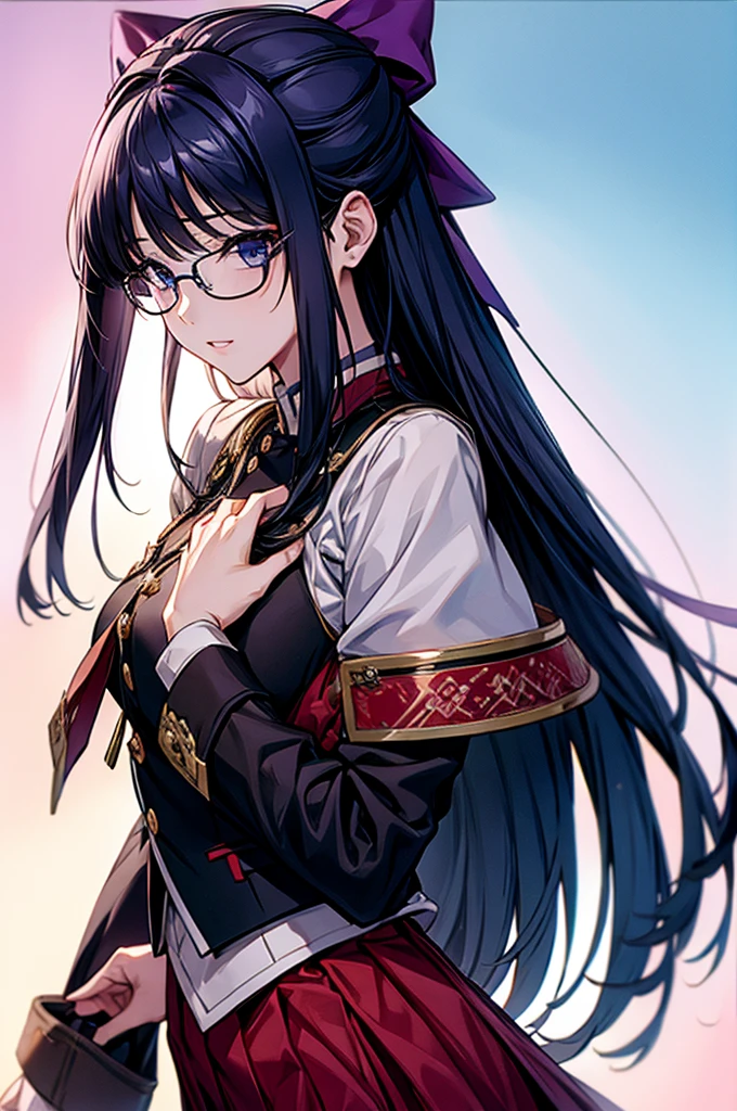 highest quality、unity 8k wallpaper、32k、masterpiece、Very detailed、Ultra-high resolution、Very detailedな顔、RAW Photos、Professional、Ultra-fine painting、Fine metal texture、High-quality fabric、Akane Ryuzoji、NSFW、Hands on hips、Upper body naked、Pleated skirt、Glasses、