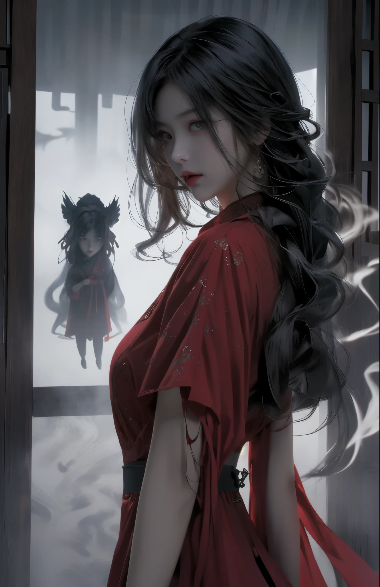 (dramatic, Perseverance, intense:1.4),masterpiece, best quality, 32K crazy details, Intricate details, Ultra Detailed, Ultra-high quality, High Detail, Ultra Detailed, masterpiece, (whole body:1.5),  Red eyes A girl in red clothes in front of white eyes, unreal background, smoke, It&#39;s like something came out. Chinese Taoist ghost legend horror, Chinese horror doll core, Dark purple and light blue, Realistic exaggeration of light and dark contrast, Works influenced by Japanism, cryptidcore This is Junji, Hirano Miho, Ilya Kuvshinov, Yimou Zhang, Thick Painting, painting, Ink painting movie texture, top view, Close-up, Realistic 3D, Ultra Detailed. Blender, C4D, High Detail, high resolution,
Tension-filled shooting(The sky glows red,visual impact,使海报具有动感和visual impact力:1.2),Chinese Zen style,impactful picture,
