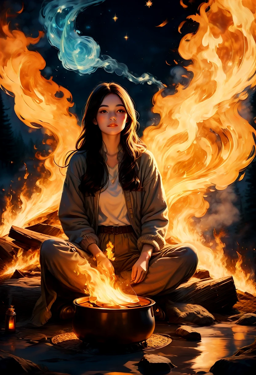 1girl, Campfire, aesthetic, (blazing campfire,crackling flames,majestic bonfire),(best quality,ultra-detailed,realistic:1.37),warm golden glow,vivid colors,wooden logs,burning embers,flickering light,dancing shadows,smoke rising from the fire,sparkling sparks,starlit night sky,camping under the stars,campfire tales,cozy atmosphere,nature's embrace,peaceful setting,crisp air,roasting marshmallows,shadowy figures by the fire,nighttime serenity