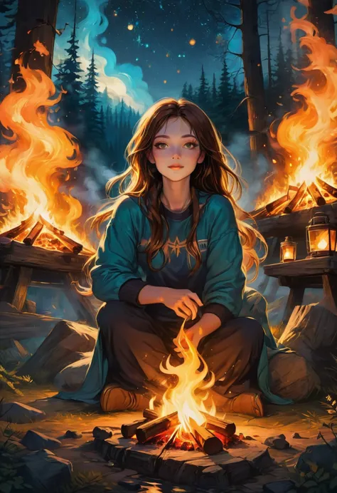 1girl, Campfire, aesthetic, (blazing campfire,crackling flames,majestic bonfire),(best quality,ultra-detailed,realistic:1.37),wa...