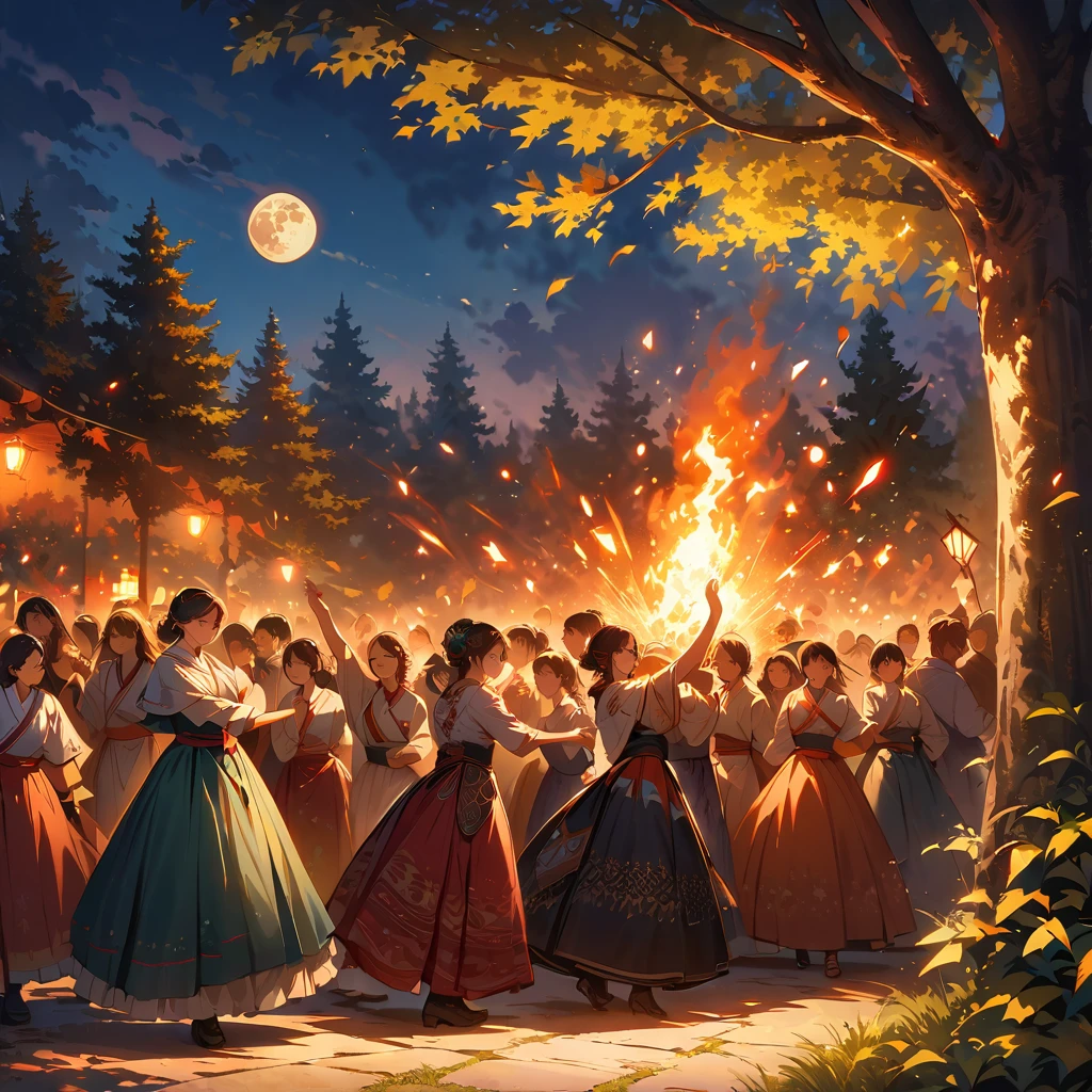 best quality,4K,8k,high resolution,masterpiece:1.2,Super detailed,Practical,photoPractical:1.37,bonfire：1.37,Night fever, hapiness, and passionate atmosphere
People dancing and singing around the bonfire
Vivid colors and warm tones depicting the lively scene
Beautifully detailed faces with happy expressions
Traditional clothing representing different ethnic groups
Cultural diversity and unity portrayed by the gathering
Shadow and light effects created by the flickering flames
Realistic rendering of the bonfire's warmth and illumination
Crisp details capturing the intricate patterns on clothing
Dynamic poses reflecting the energy and excitement of the event
PhotoPractical depiction of the surrounding nature (Trees, Star, moon)
Sparks fluttered in the air, Professional artwork that adds movement and energy to the scene，A touch of traditional finesse A sharp contrast between bright faces and dark surroundings The bokeh effect enhances the atmosphere of comfort and intimacy Attention to the smallest details, Capturing the essence of a moment Celebrating the importance of cultural heritage and community Ancient traditions and rituals passed down from generation to generation Artistic expressions of cultural diversity and inclusion