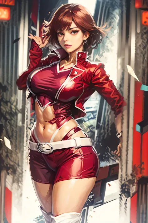 fujieda yoshino, brown hair, red data squat uniform, red jacket, white belt, red shorts, tall white boots, beautiful body, beaut...