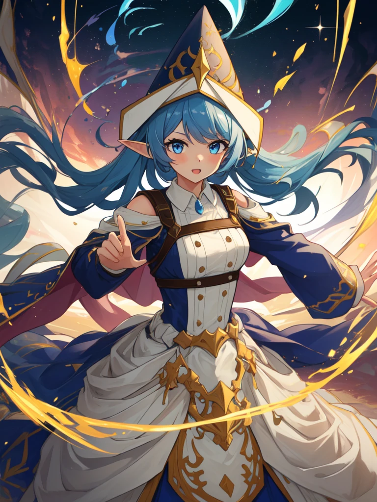 One Girl, Blue Hair, blue eyes, Elf Ears, wizard hat, White Dress, Cowboy Shot, highest quality,((highest quality)),((Tabletop)),((Perfect Face)),Detailed５Hand with two fingers,1 girl,(Background Blur), ((Holographic)),1 girl,milky way, (stripes of light), Impressive visuals, (Dynamic Streaks, Path of Light:1.2), Bright colors,whole body,Dynamic pose,full body