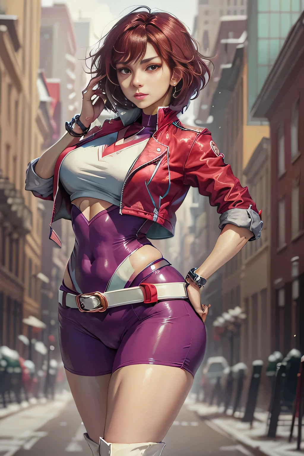 fujieda yoshino, brown hair, red data squat uniform, red jacket, white belt, red shorts, tall white boots, beautiful body, beautiful, hips, beautiful face, purple eyes, beautiful legs, beautiful chest in the city, mature waist. Full body shot, sexy intense gaze