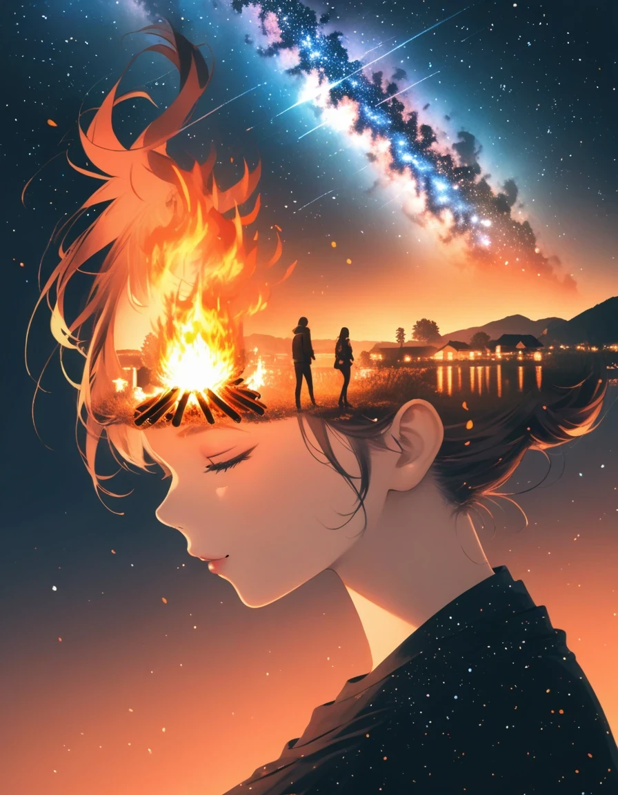 (Blazing bonfire:1.5),Starry Sky,double exposure