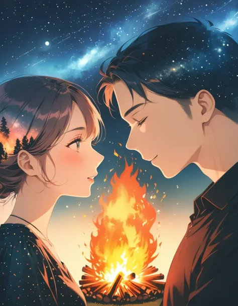 (bonfire:1.5),Starry Sky,Portrait of couple in love,double exposure,,