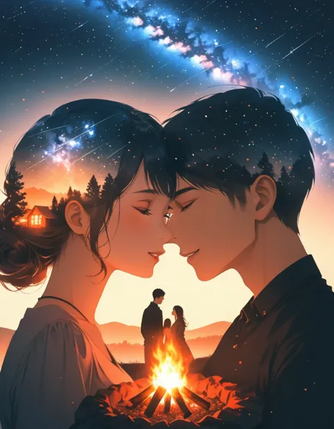 bonfire,Starry Sky,Portrait of couple in love,double exposure,,