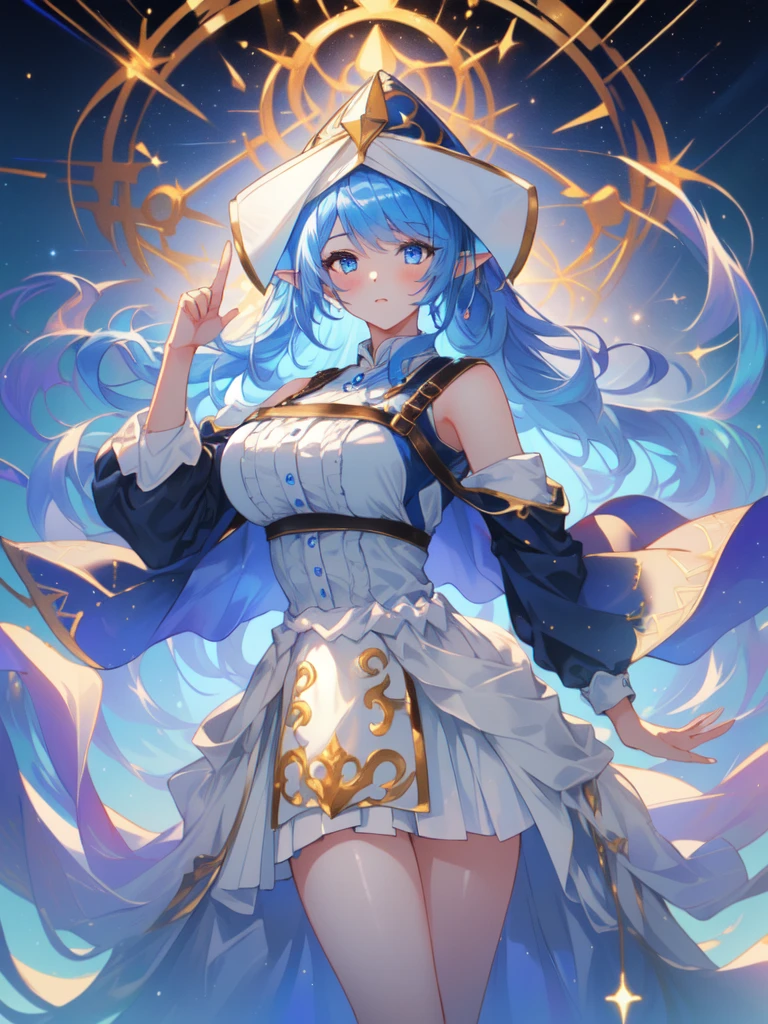 (8k, highest quality, masterpiece:1.2),\(Eye details\),\(Facial Features\),(\(Clothing Details\)\),(1 girl:1.3),(alone),whole body,(/sky blue hair:1.3/),(明るいblue eyes:1.2),Temple Water Witch,Fairy,Pointy Ears,priest.(big breasts:1.2),Narrow waist,[Round ass],Have,One Girl, Blue Hair, blue eyes, Elf Ears, wizard hat, White Dress, Cowboy Shot, highest quality,((highest quality)),((Tabletop)),((Perfect Face)),Detailed５Hand with two fingers,1 girl,(Background Blur), ((Holographic)),1 girl,milky way, (stripes of light), Impressive visuals, (Dynamic Streaks, Path of Light:1.2), Bright colors,whole body,Dynamic pose,full body,(masterpiece:1.2, highest quality),(Colored Background) (Beautiful fine details: 1.2), (非常にDetailed CG Unity 8k 壁紙, masterpiece, highest quality, Very detailed, Best Shadow), (Detailed背景)