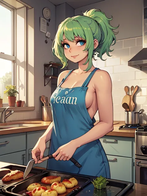 art by kipteitei, 1girl, (light green hair), short wavy hair in ponytail, blue eyes, (naked), ((blue apron)), happy expression, ...